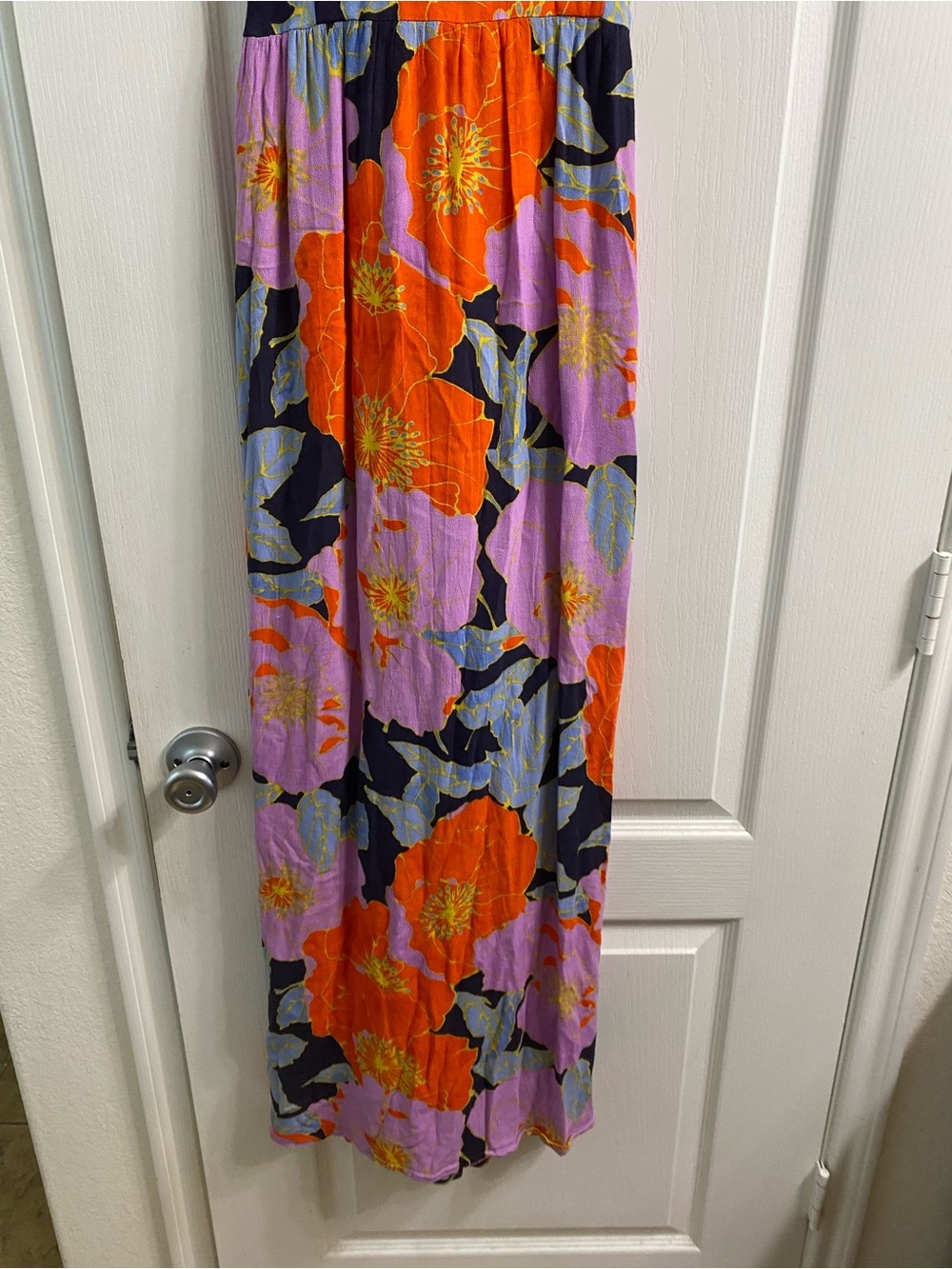 LOFT Full Bloom Cross-Back Floral Maxi Boho Dress Purple Orange Watercolor 10 - Picture 8 of 16